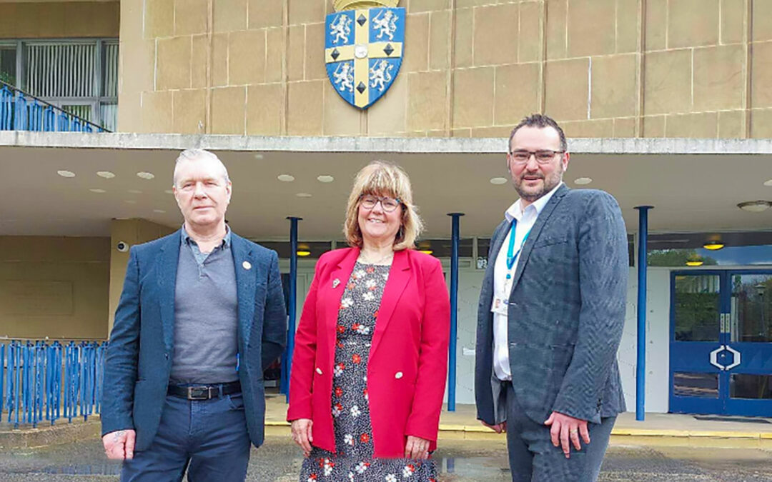 Labour Group Deputy Leader Cllr Rob Crute and Leader Cllr Carl Marshall welcome Cllr Julie Scurfield to County Hall